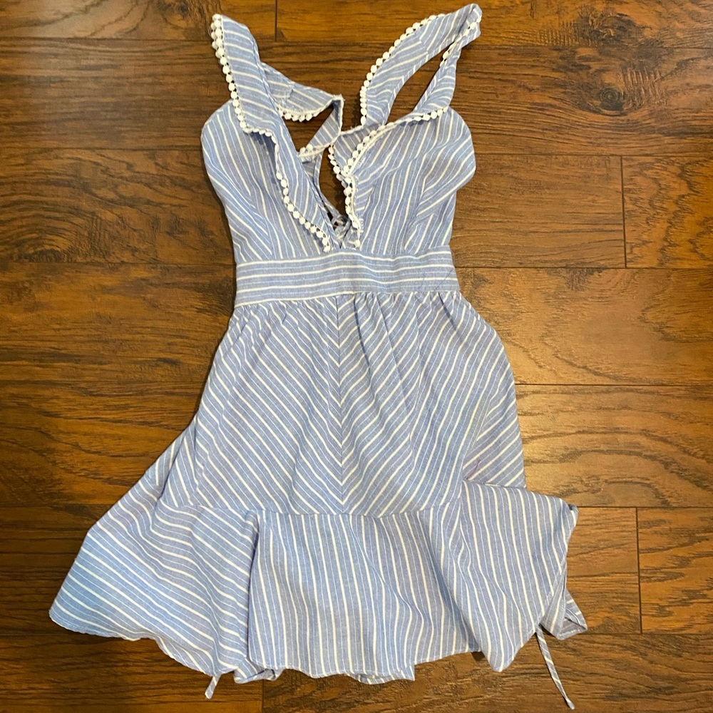 White and blue pom pom mini dress